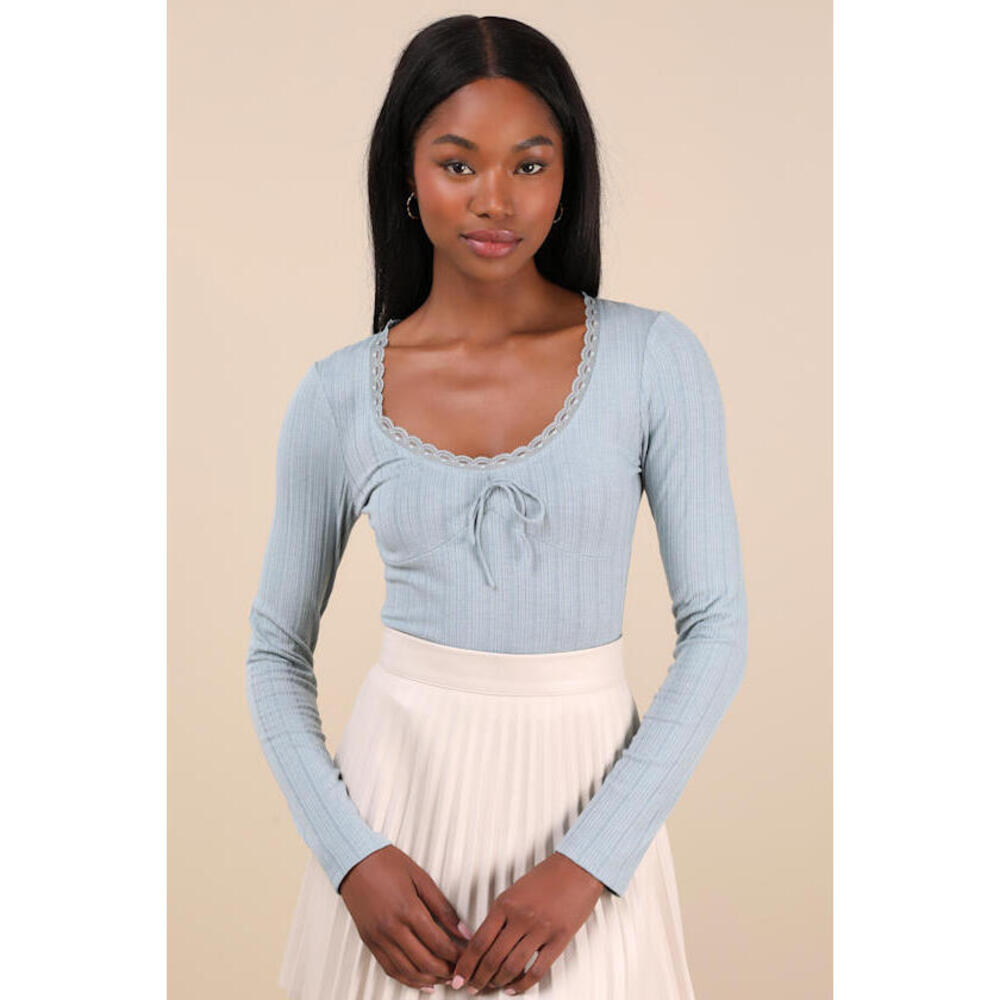 Lulus Celise Light Blue Pointelle Knit Long Sleeve Top - Size L